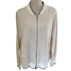 Lands' End Tan/Cream Front Zip Tipped Detail Sweatshirt Bomber Jacket XL